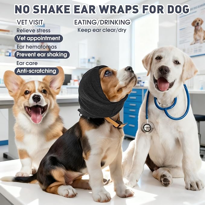 Pacify Dog Calming Hoodie, No Shake Ear Wraps for Dogs, Adjustable Dog Ear Muffs Head Wrap for Noise Reduction, Anxiety Relief, Grooming, Thunder, Hematoma (Black, S(Head Girth:10.6"-15.7"))