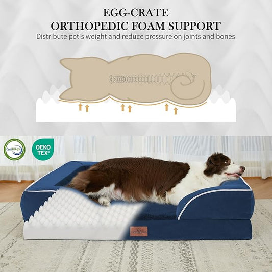 Comfort Expression Orthopedic Dog Bed for Large Dogs 38x25 Inch, Waterproof Supportive Egg Crate Foam Large Pet Bed with Removable Bolsters, Dog Couch with Washable Cover & Non-Slip Bottom, Navy Blue