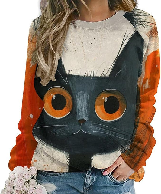 Biacolum Long Sleeve Shirts for Women Mid Century Retro Style Atomic Cat 3D Graphic Sweatshirts Fall Crewneck Pullover Top