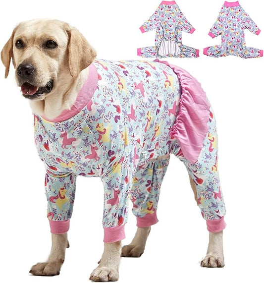 LovinPet Large Breed Dog Pajamas Onesie, Lightweight Stretchy Knit Dog Jammies, Unicorn Seafoam Print, Stop Shedding for Dogs, Pet Pajamas for Dogs, Pet PJ's, M