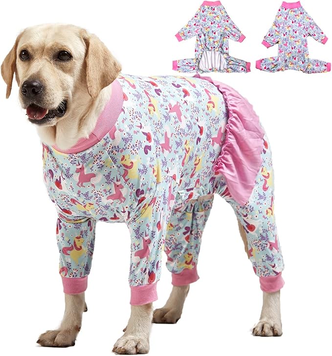 LovinPet Large Breed Dog Pajamas Onesie, Lightweight Stretchy Knit Dog Jammies, Unicorn Seafoam Print, Stop Shedding for Dogs, Pet Pajamas for Dogs, Pet PJ's, L