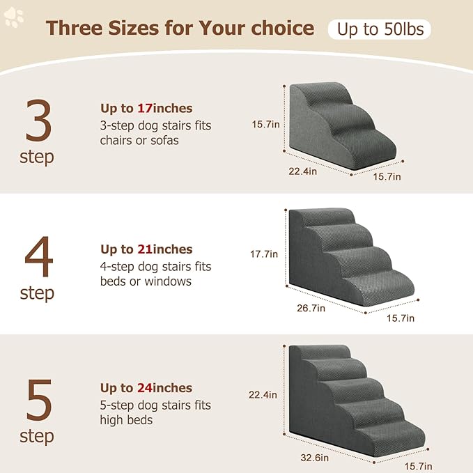 Dog Ramp and Stairs for Small Dogs & Cats,3-Step Pet Stairs for Couch Sofa and Chair,Indoor Anti-Slip Dog Stairs for Old Cats and Puppy,Grey