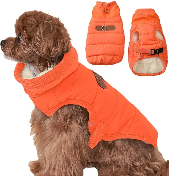 Dog Winter Coat with Neck Guard, Adjustable Neck, Chest Velcro & Detachable Buckle, Warm Polyester Lining, Multi-Way Wear for Small Dogs (Orange, X-Large)
