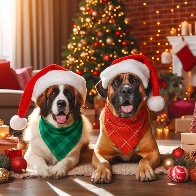 Abbylike 100 Pcs Christmas Dog Bandanas Bulk Red and Green Buffalo Plaid Bandanas for Dogs Triangle Kerchief Bibs Scarf for Pet Xmas Costume Photo Props Accessories, 25 Styles (31.5 x 21.7 x 21.7)