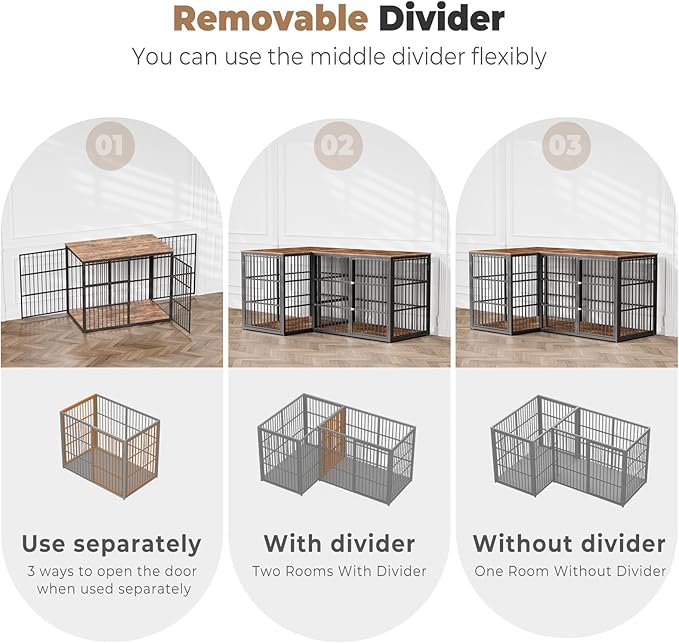 Lyromix 48'' L-Shaped Corner Dog Crate Furniture Large Breed with Double Rooms,Wooden Dog Crate End Table Indoor with Removable Divider for Small to Medium Dogs, Can Use Separately
