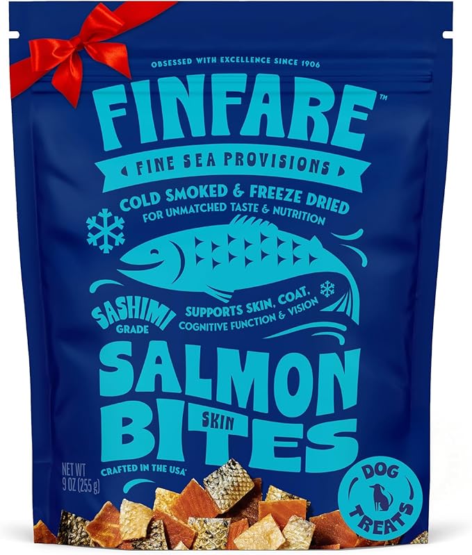 Finfare Freeze Dried Dog Treats, Salmon Skin Bites, Protein & Omega-3s, Grain Free Salmon Dog Training Treats, Crafted in USA, 9oz