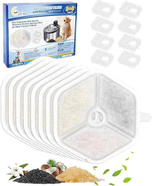 Cat Water Fountain Filter Fit for Smartoo 152oz/4.5L Wireless Cat Fountain PTM-643, Cat Fountain Filter Replacement Fit for Smartoo Replacement Filters, Multilayer Filter, 8 Filters + 8 Sponge