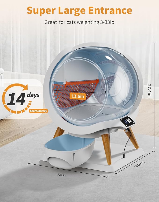 HoneyGuaridan Self-Cleaning Cat Litter Box, Waterproof Automatic Cat Litter Box,App Control, Odourless, Integrated Safety Protection, Water Rinsable and Easy to Clean, for Multiple Cats (3-33lb)