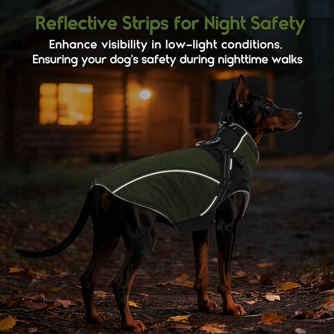 ASENKU Reflective Dog Coat with Built-in Harness, Windproof Fleece-Lined Dog Jacket for Small, Medium, Large Dogs, Warm Winter Vest with Turtleneck & Zipper (Green L)