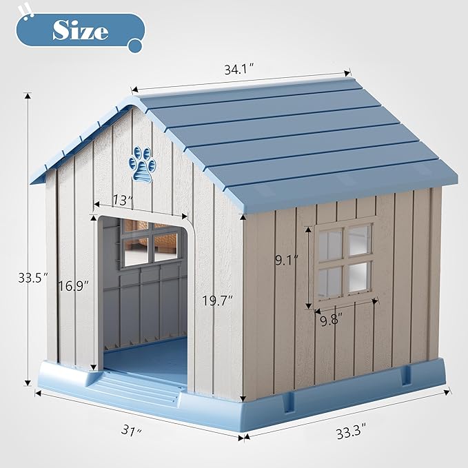 Fancyango Dog House Outdoor Indoor - Waterproof, Ventilated, Easy to Clean, Elevated Floor for Small-Large Dogs, Easy to Assemble (Blue, 31" L x 33.3" W x 33.5" H)