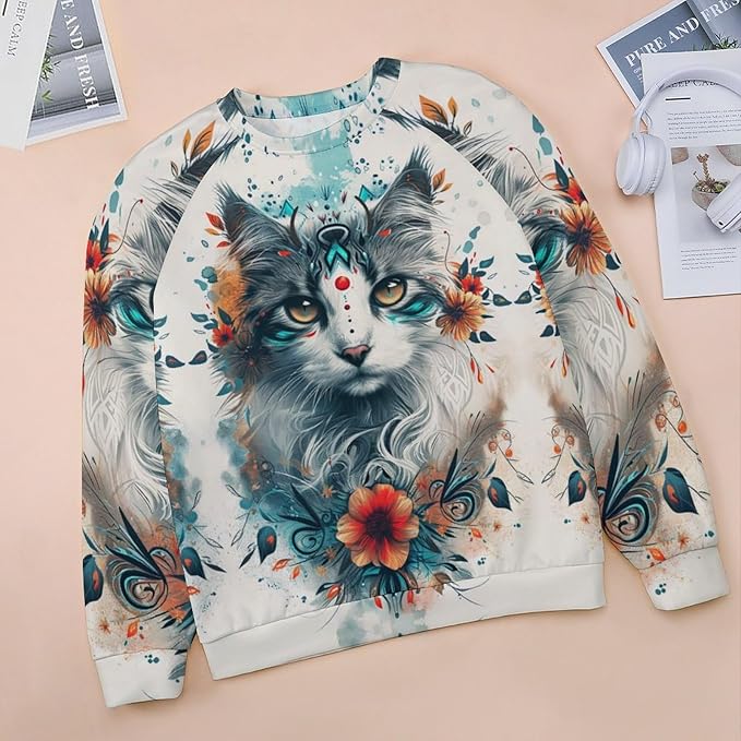 Womens novelty funny cat printed crewneck sweatshirt casual loose long sleeve graphic pullover sweatshirts tops