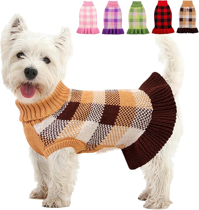 Dog Sweater Dress Plaid Knitwear for Small Medium Dogs Warm Puppy Pet Turtleneck Stretch Pullover Cute Fall Winter Vest Clothes with Leash Hole for Christmas (Coffee, 2XL)
