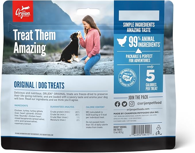 ORIJEN Grain Free High Protein Freeze Dried Dog Treats Original Recipe 1.5oz Bag