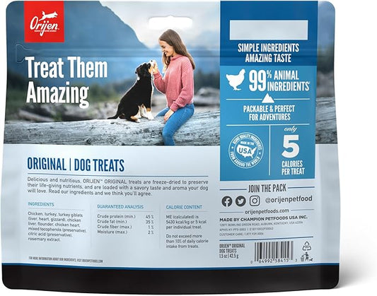 ORIJEN Grain Free High Protein Freeze Dried Dog Treats Original Recipe 1.5oz Bag