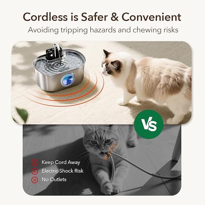 Stainless Steel Cat Water Fountain 108oz/3.2L:Battery Operated Wireless Cat Fountains for Drinking Indoor, Automatic Pet Water Dispenser with Ultra Quiet Pump,Multi-Filtration,Easy Clean BPA-Free