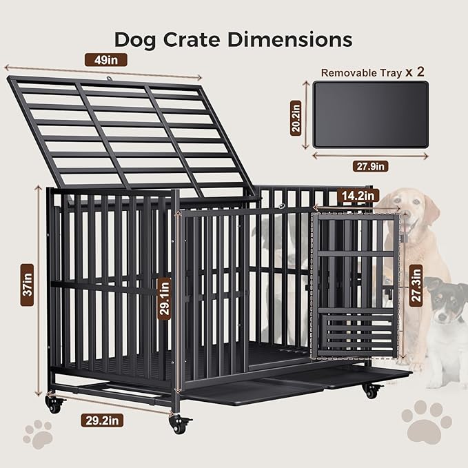 Heavy Duty Dog Crate, Escape-Proof Indestructible Cage for High-Anxiety Dogs, 3-Door Kennel with 4 Lockable Wheels and 2 Removable Trays Ideal for Large & Medium Breeds (49in)