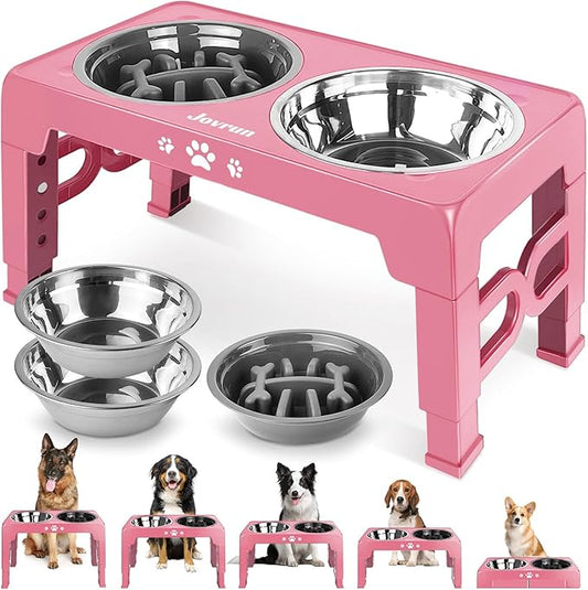 Elevated Dog Bowls, Dog Feeder with Stainless Steel Dishes & Slow Feeder Bowl, 5 Heights Adjustable Raised Stand for Medium Large, Food Dishes with Non-Slip Feet