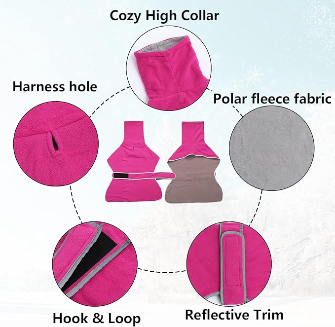 Geyecete Greyhound Cosy Fleece Jumper, Dog Winter Coat with Warm Fleece Lining, Outdoor Dog Apparel with Adjustable Bands for Medium, Large Dog -Pink-XS
