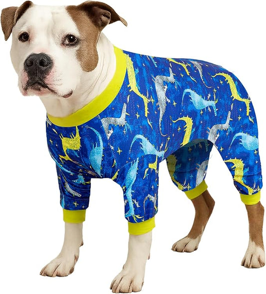 LovinPet Large Dog Pj - Pet Anxiety Calming Shirt, Dog Jammies for After Surgery, Lightweight Fabric, Blue Dragon Print, Pitbull Clothes, Long-Sleeved 4 Leg Style Pullover Dog Onesie, Dark Blue 3XL