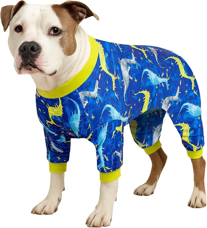 LovinPet Large Dog Pj - Pet Anxiety Calming Shirt, Dog Jammies for After Surgery, Lightweight Fabric, Blue Dragon Print, Pitbull Clothes, Long-Sleeved 4 Leg Style Pullover Dog Onesie, Dark Blue 2XL