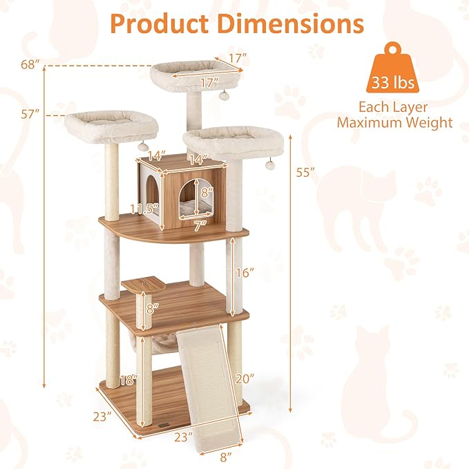 PETSITE 68-inch Modern Tall Cat Tree for Indoor Cats, Multi-Level Wooden Cat Tree Tower with Sisal Scratching Posts, 3 Top Perches, Cat Condo, Comfy Hammock, Sisal Ramp, and Jingling Balls