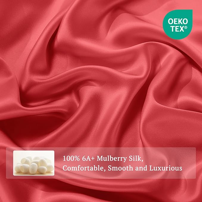 THXSILK Silk Sheet Set 4Pcs, 6A+ Top Grade 100% Natural Mulberry Silk Bed Sheets, Luxury Bedding Sets Ultra Soft Durable Safe Material, 1 Fitted Sheet, 1 Flat Sheet and 2 Pillow Shams (King, Red)