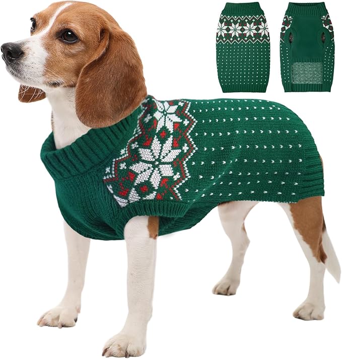Kuoser Dog Christmas Sweater, Soft Warm Xmas Sweaters for Small Medium Large Dogs Boy Girl, Comfortable Dog Sweater with Leash Hole Snowflake Puppy Knit Outfit for Holiday Winter Fall, Green L