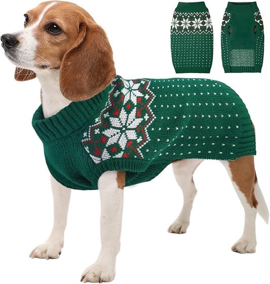 Kuoser Dog Christmas Sweater, Soft Warm Xmas Sweaters for Small Medium Large Dogs Boy Girl, Comfortable Dog Sweater with Leash Hole Snowflake Puppy Knit Outfit for Holiday Winter Fall, Green L