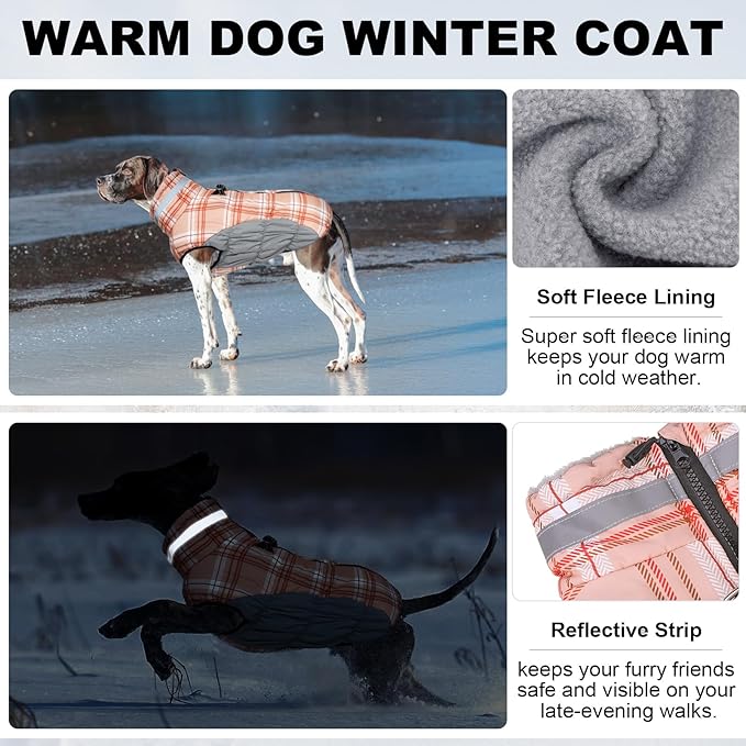 BEAUTYZOO Dog Winter Coat with Harness Built in, Reflective Plaid Puffer Vest Waterproof for Small Dogs, Fleece Warm Puppy Zipped Jacket with D Ring, Pet Cold Weather Sweater Clothes, Brown S