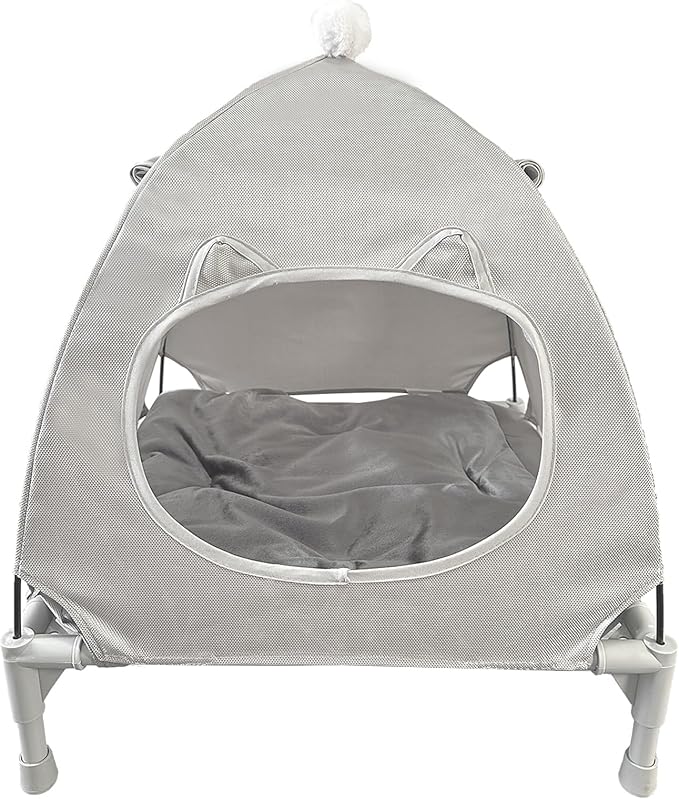 Love&go Elevated Dog Bed with Metal Frame, Cooling Raised Pet Cot for Dog and Cat (Small-18.5x18.5x5.5 inch, S - Grey Bed+Mat+Canopy)