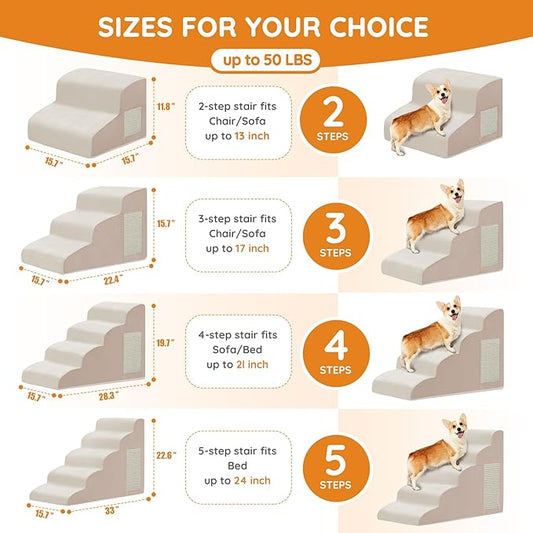 Pet Stairs, Dog Stairs for Small Dogs, Dogs Steps, 3-Step Curved Dog Ramp for Bed, Couch, Sofa, Car and Chairs, Non-Slip Bottom Design, Cat Scratching Board, High Density Foam Portable Pet Step, Beige