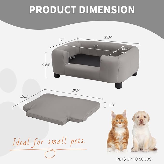 25-Inch Modern Pet Sofa with PU Scratch-Resistant Fabric and Adjustable Legs, Elevated Dog Couch for Small and Medium Dogs, Comfortable Dog Sofa Bed
