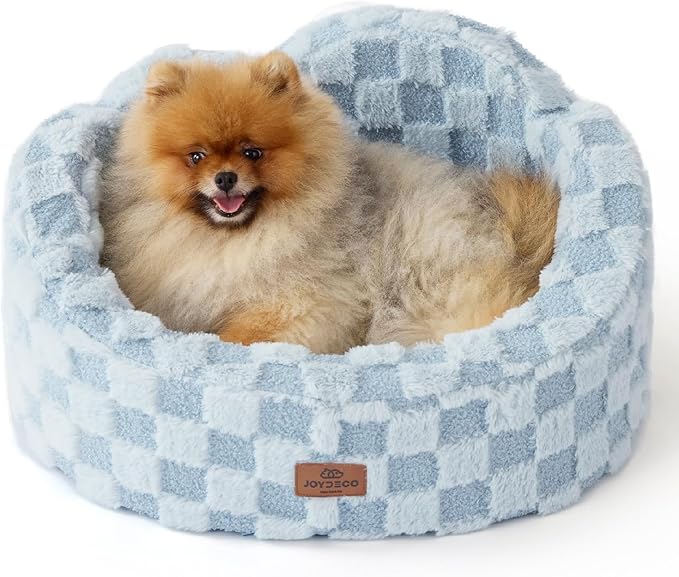 Joydeco Dog Bed for Small Dogs & Cats, Washable Cloud Pet Bed with Orthopedic Foam and Removable Checkered Plush Pad, Non-Slip Bottom for Indoor Puppies and Kittens, 22x20 Inch, Light Blue