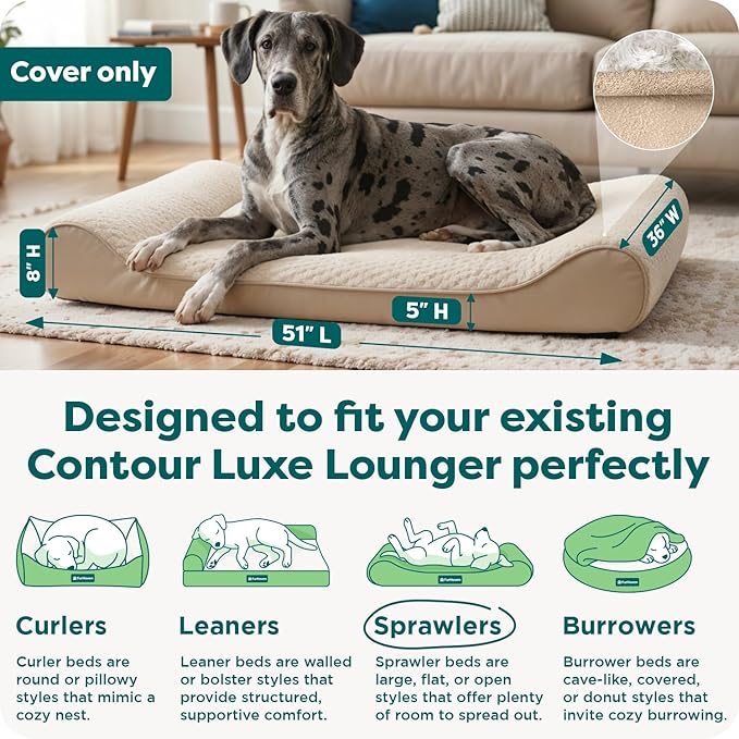 FurHaven Replacement Dog Bed Cover, Contour Luxe Lounger Design, Soft & Breathable Fabric for Cozy Comfort, Machine Washable, Jumbo Plus/XXL, Ultra Plush Faux Fur & Suede, Cream