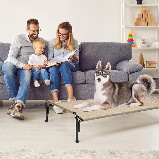 Veehoo Outdoor Elevated Dog Bed, Raised Dog Cot for Large Dogs, Cooling Washable Waterproof Pet Hammock Beds with Slope Headrest, Breathable Mesh and Sturdy Frame, Large, Beige Coffee, CWC2204