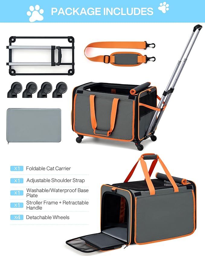 MILADA Extra Large Cat Carrier with Wheels for Big Cats & Small Dogs Soft Sided Rolling Pet Carrier Detachable XL Cat Stroller for Travel, Hiking, Vet & Hospital Use, Orange