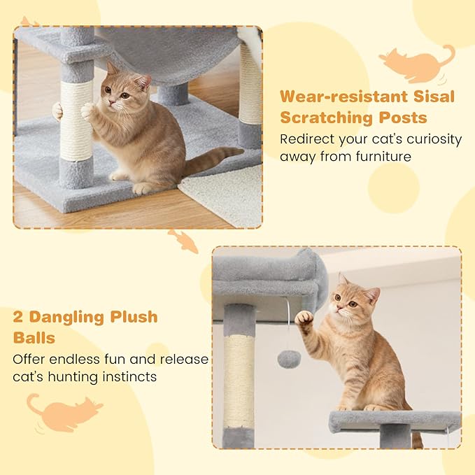 Tangkula Cat Tree for Indoor Cats, 75 Inch Extra Tall Cat Tower with Sisal Scratching Post, Padded Top Perch, Dual Condos, Hammock, 2 Dangling Balls, Platforms, Multi-Level Cat Climbing Furniture