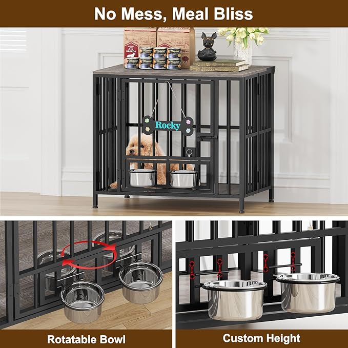 Easycom 27" Dog Crate Furniture Foldable, No Assembly Decorative Dog Kennel Indoor, Dog Crates for Small Dogs (Under 20 lb), Wooden Dog Cage with Adjustable Bowls and Name Tag, End Table, Oak Grey