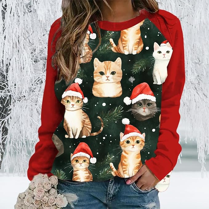 Womens Ugly Christmas Sweatshirt Funny Cat Dog Printed Xmas Pullover Shirts Crewneck Long Sleeve Graphic Hoodies
