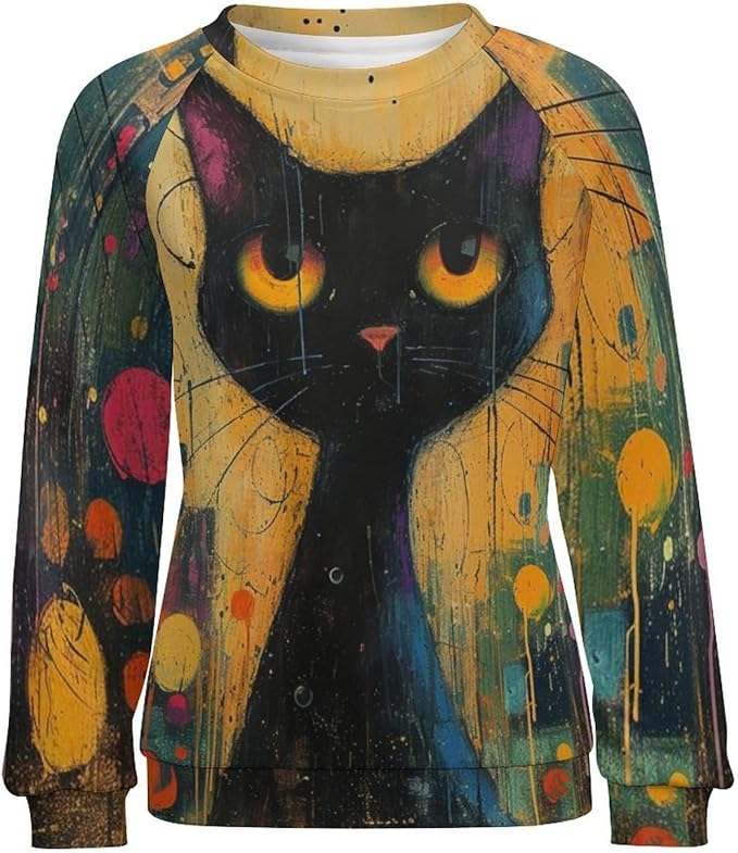 Biacolum Long Sleeve Shirts for Women Mid Century Retro Style Atomic Cat 3D Graphic Sweatshirts Fall Crewneck Pullover Top