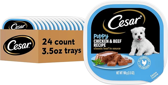 Cesar Puppy Classic Loaf in Sauce Wet Dog Food, Chicken & Beef Recipe, 3.5 oz. Easy Peel Trays, Dog Food Toppers, 24 Count (Pack of 1)