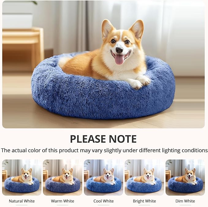 JOLLYVOGUE Small Dog & Cat Beds for Indoor Cats, Donut Cuddler Warming Soft Dog Beds with Anti-Slip Bottom, Round Calming Fluffy Plush Faux Fur Cushion Bed for Medium Dogs (31")