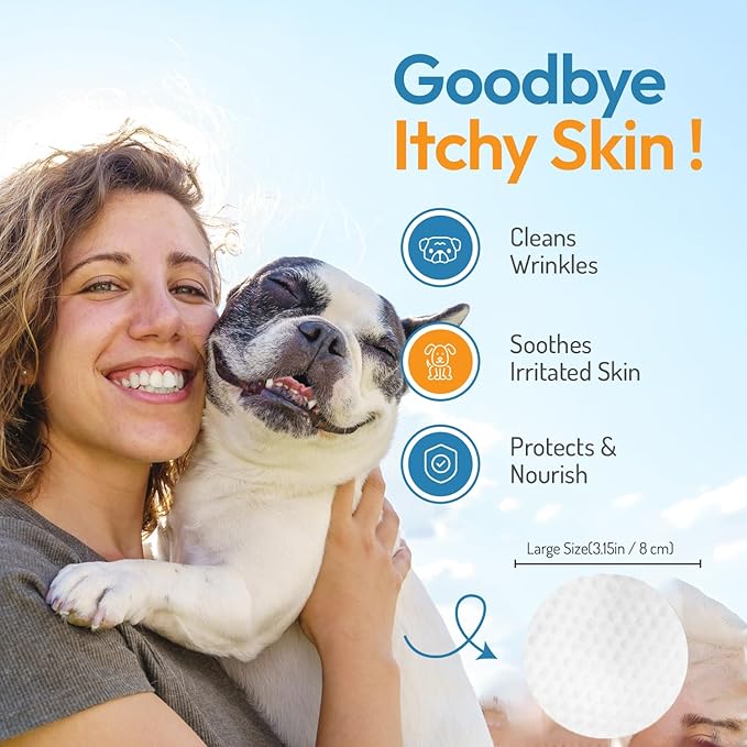 Wrinkle Wipes for Dogs - 200 Count with Honeysuckle & Green Tea –Soothing & Deodorizing Dog Face Wipes for Bulldogs, Pugs & Frenchies – Cleans Skin Folds, Tear Stains & Paws