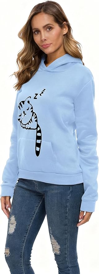 Women Teen Girls Hoodie Sweatshirt With Cute Cat Ear and Sleeping Cat Printed Pullover