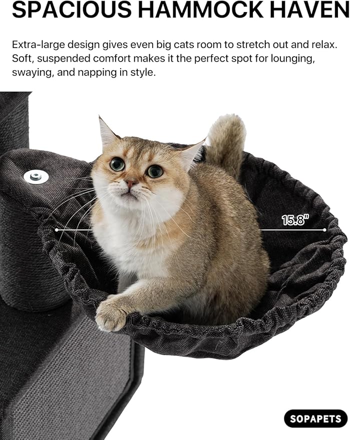 Maine Coon Cat Tree for Indoor Cats Large Adult,Modern Cat Tower for Extra Large Cats 20 lbs+,Heavy Duty Cat Tree with Sisal Scrathing Post,Hammock,Perch,Condo,Bed (Black)