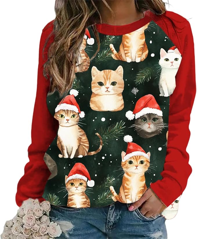 Womens Ugly Christmas Sweatshirt Funny Cat Dog Printed Xmas Pullover Shirts Crewneck Long Sleeve Graphic Hoodies