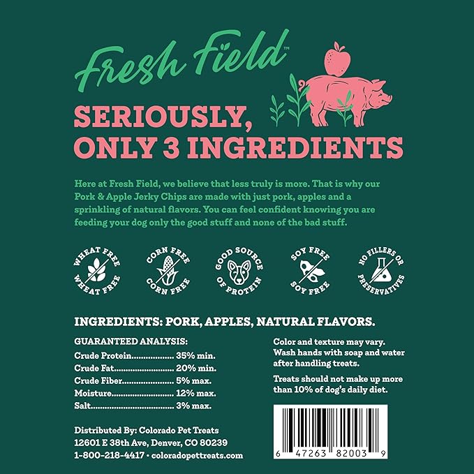 Fresh Field Pork & Apple Jerky Chips, 5 oz – All-Natural Dog Treats, USA Made, No Fillers, Supports Digestion & Nerves (Pack of 2)