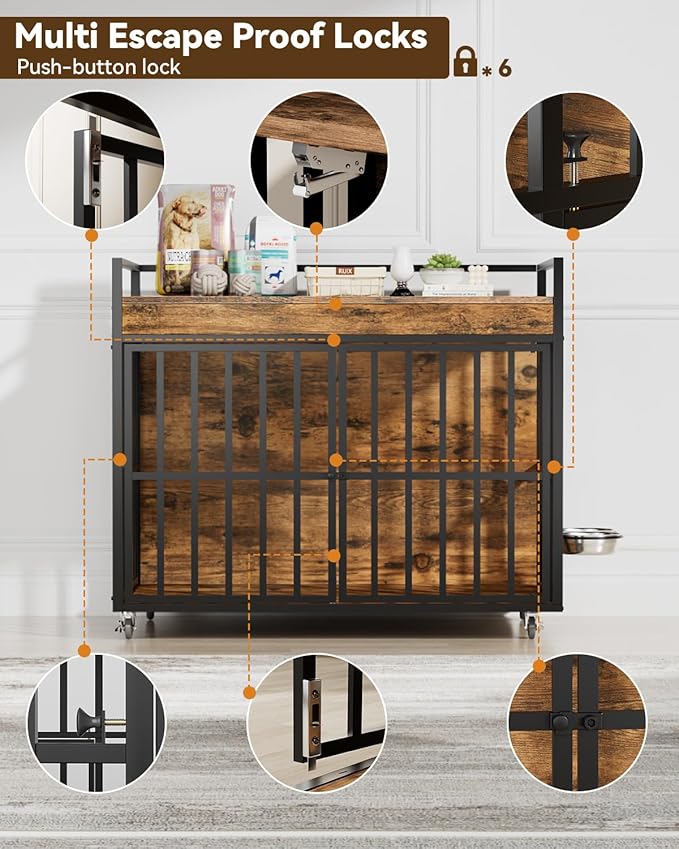 45 Inch Dog Crate Furniture, Heavy Duty Dog Kennel with 3 Doors, 2 Adjustable Bowls and Lockable Wheels, Wooden Dog House for Large Dogs, End Table Dog Cage, Rustic Brown