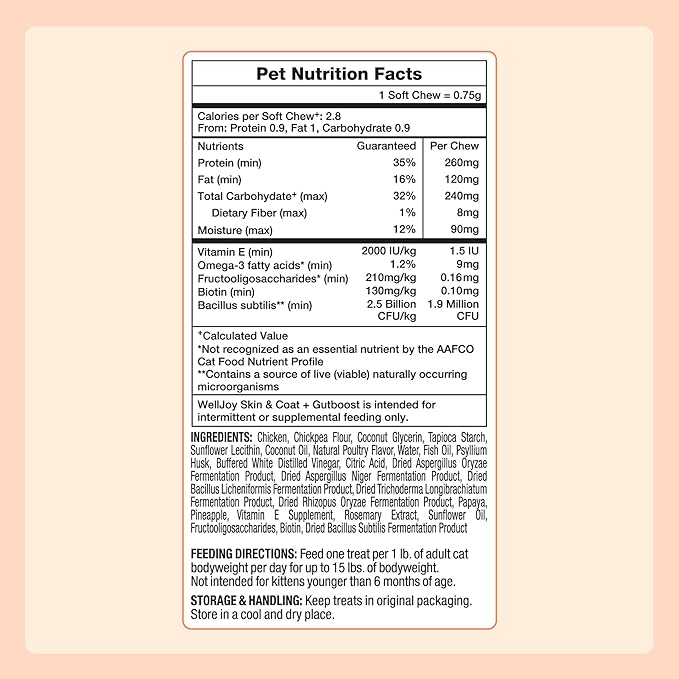 WIJ WellJoy Cat Treat Skin & Coat+ GutBoost | Nourishes Healthy Skin | Supports Shiny Coat | Dual-Benefit GutBoost Formulation | Vet Formulated | Made in USA | Real Shredded Chicken | 120 Soft Chews