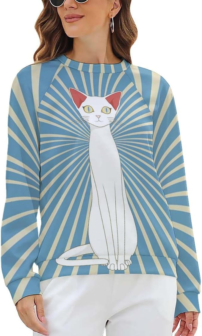 Biacolum Long Sleeve Shirts for Women Mid Century Retro Style Atomic Cat 3D Graphic Sweatshirts Fall Crewneck Pullover Top